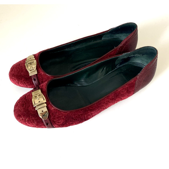 GUCCI Ballet Flat Burgundy Red Velvet Velour Round Toe Gold Buckle Equestrian 9 - Picture 6 of 14